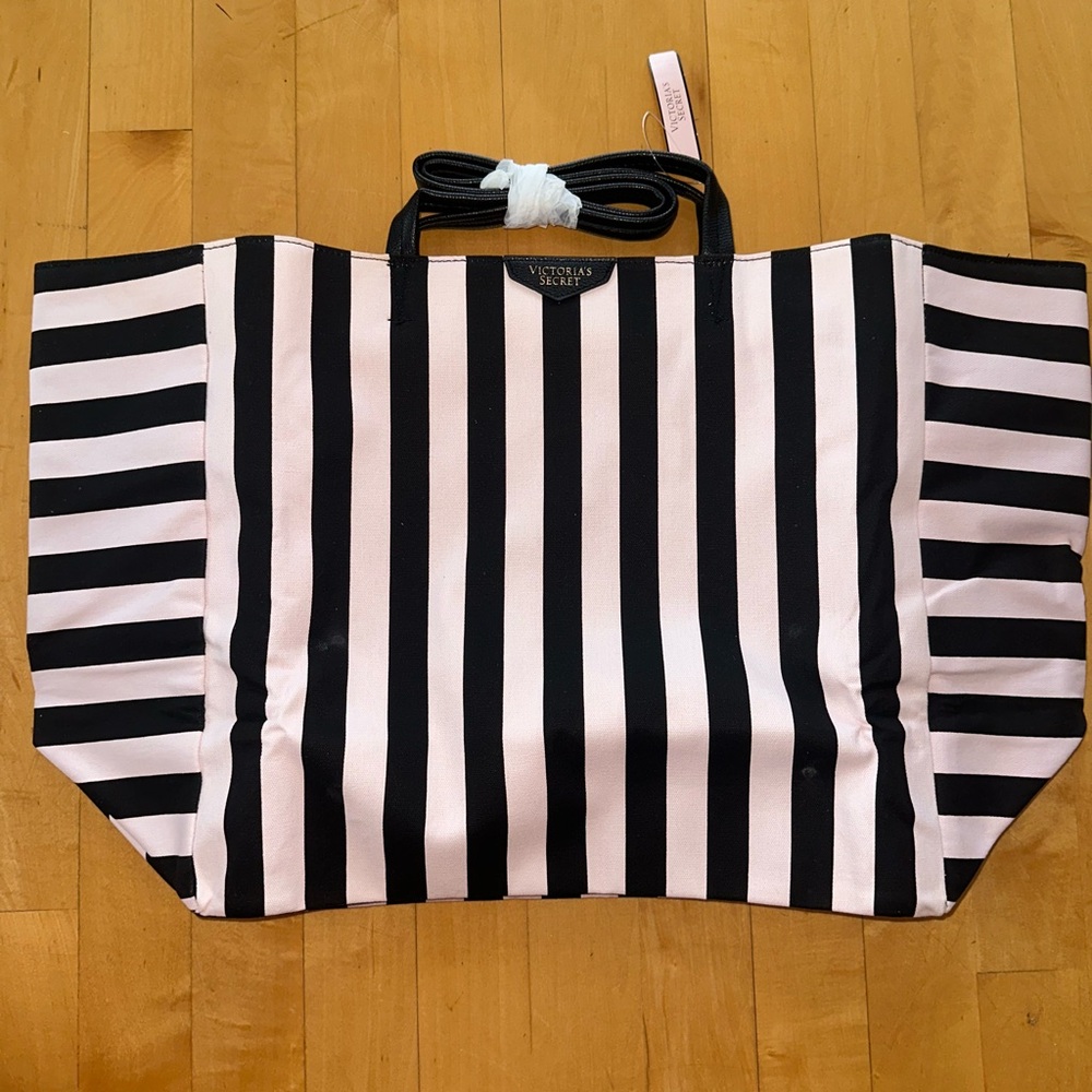Victoria's Secret Black and Pink Striped Tote Bag 2014 NEW with tags